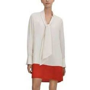 Reiss Marta Colorblock Pussybow Dress Cream Red Tie Neck Long Sleeve Size 6